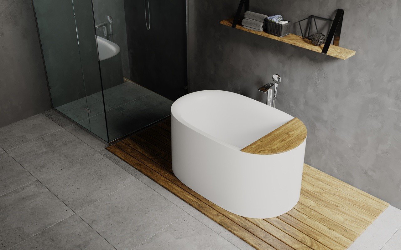 Freestanding Solid Surface Bathtub with a built-in shower